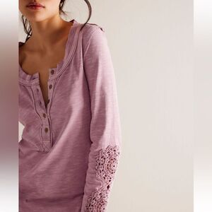 Free People We the Free Our Song Henley Crochet Sleeve Top in Rose Quartz NWOT